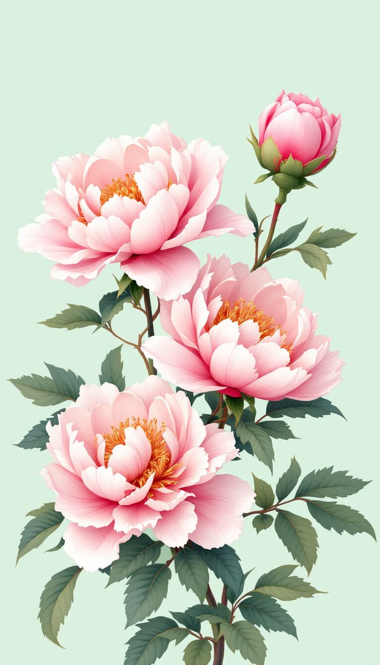 AI generated: Pale pink peony flowers, light green background, Chinese embroidery style, exquisite craftsmanship, ...