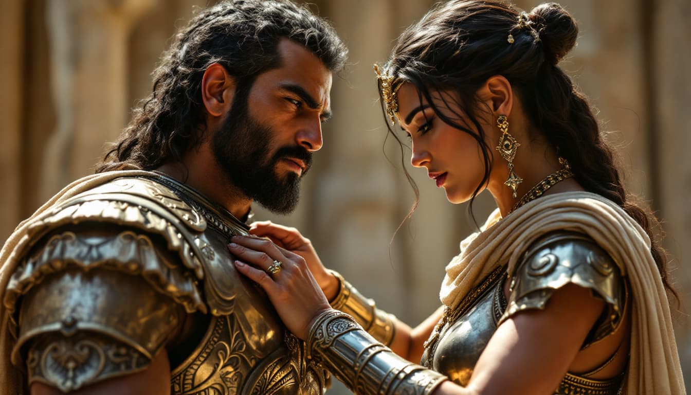 AI generated: hyper realistic .Medium shot of Ario helping Parushat fasten her armor, respect evident on his face....