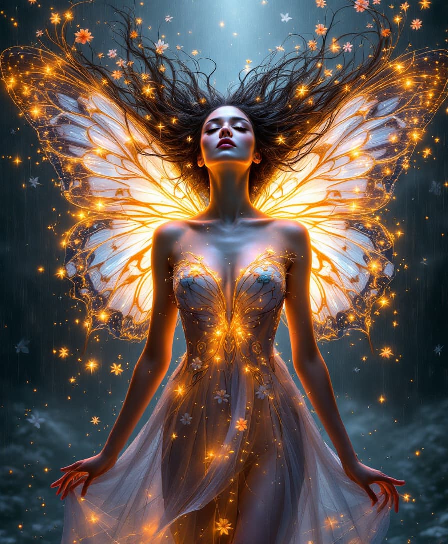 AI generated: Surrealistic luminous butterfly woman wearing a butterfly dress, magical, golden glow, hair spread o...