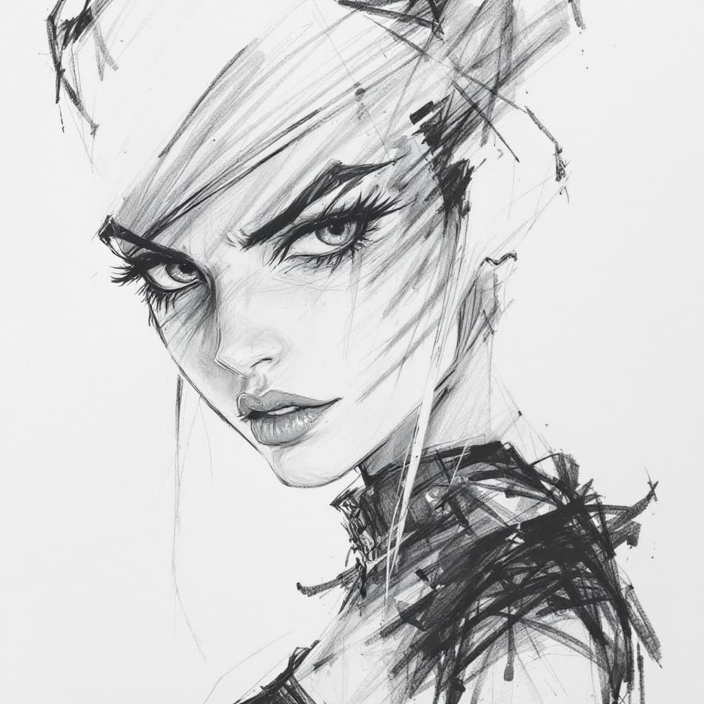 AI generated: Pencil style, drawing, sketch, girl with fierce charismatic gaze, b&w, smudges