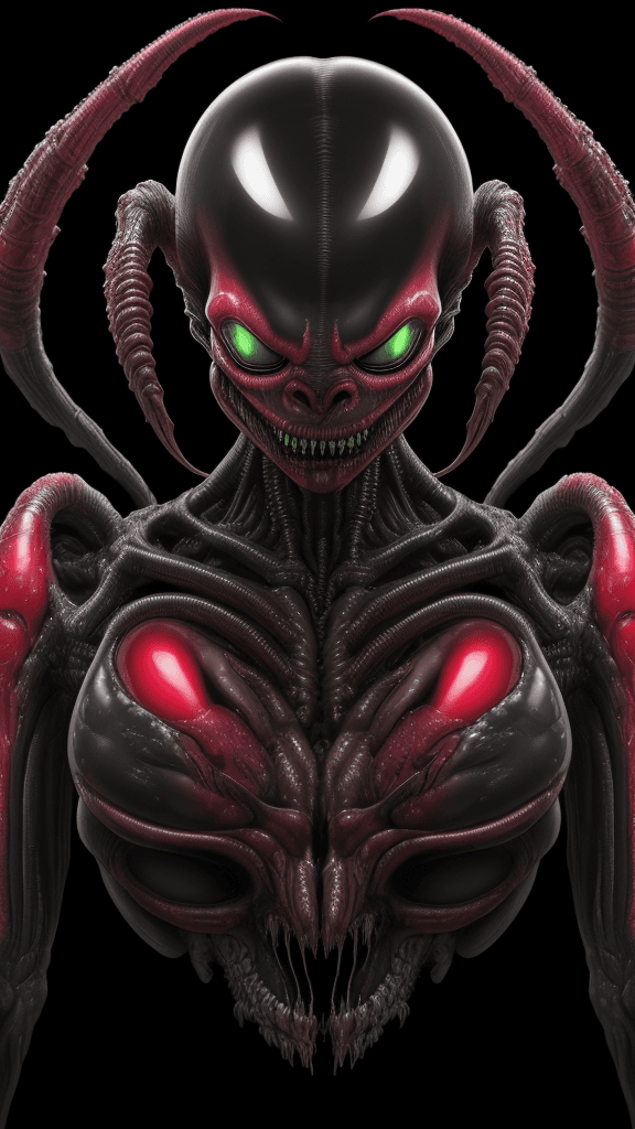 AI generated: a funky background in a complex bone frame a intimidating Xenomorph rfktrstyle 4d headshot looking a...