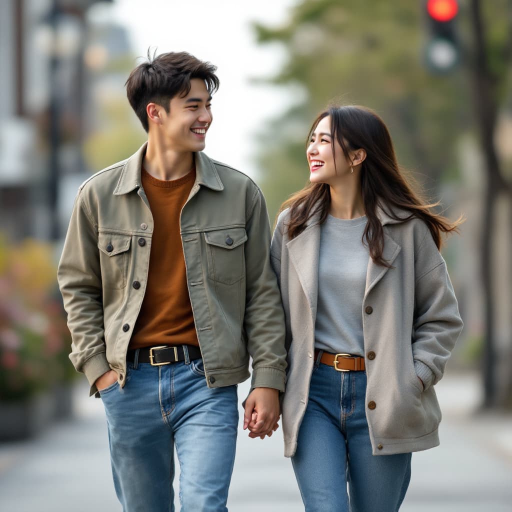 AI generated: "A young man and woman in South Korea walking joyfully while wearing jeans, with their belt buckles ...