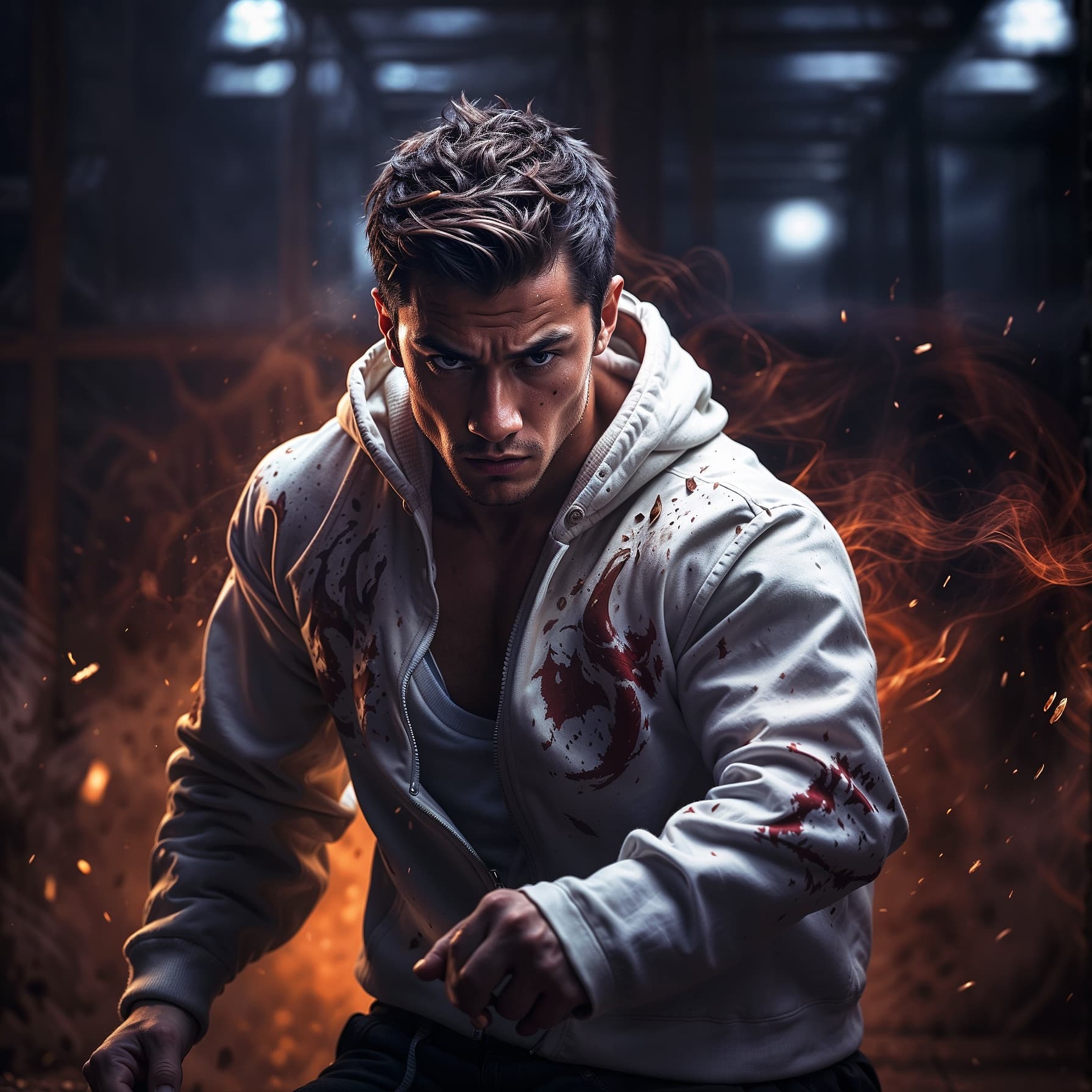 AI generated: Create a painting-style illustration of a muscular young man with short brown hair, a tough and inte...