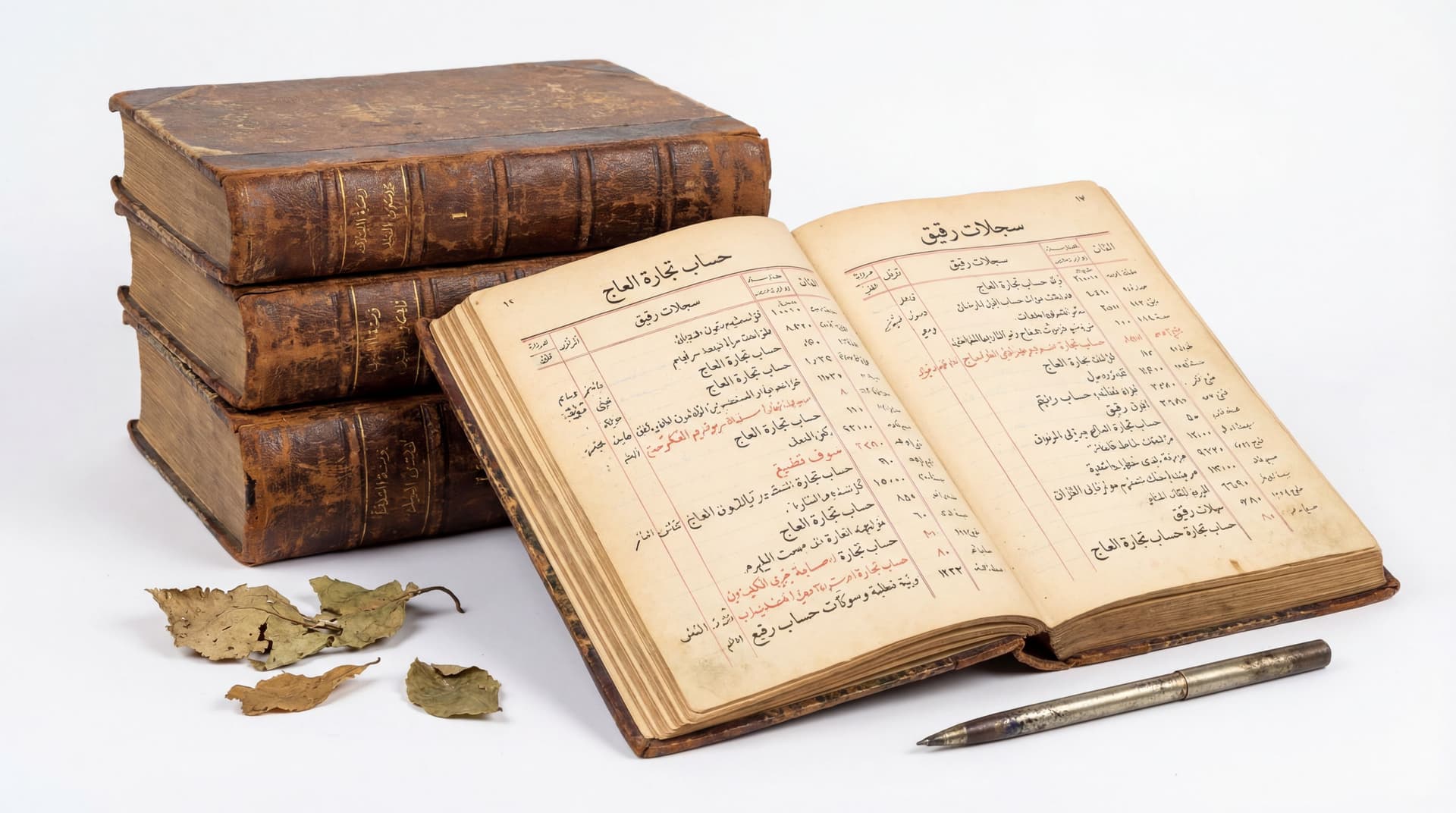 AI generated: 19th centenary Arabic Ledger Books: Old, leather-bound books with yellowed pages filled with Arabic ...
