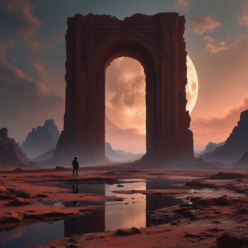 AI generated: an ancient ruined archway on the mars the red planet, fantasy, ruins of an alien civilization, and a...