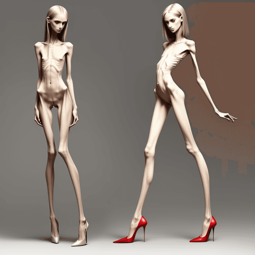 AI generated: naked very skinny anorexic legs in high heels, high heels, the tips of the shoes are very long towar...