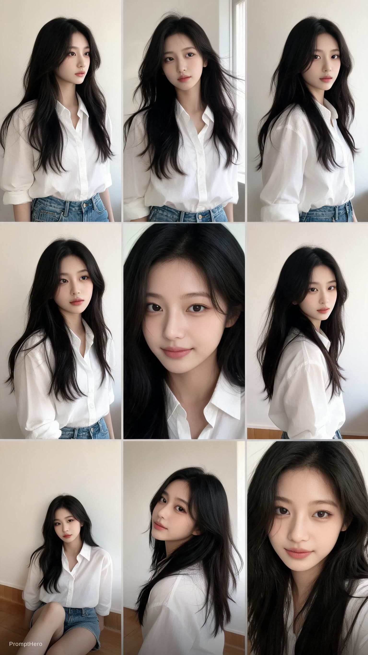 AI generated: 9:16 vertical — a 3x3 grid collage (nine images) forming a Korean idol portrait photoshoot series. E...
