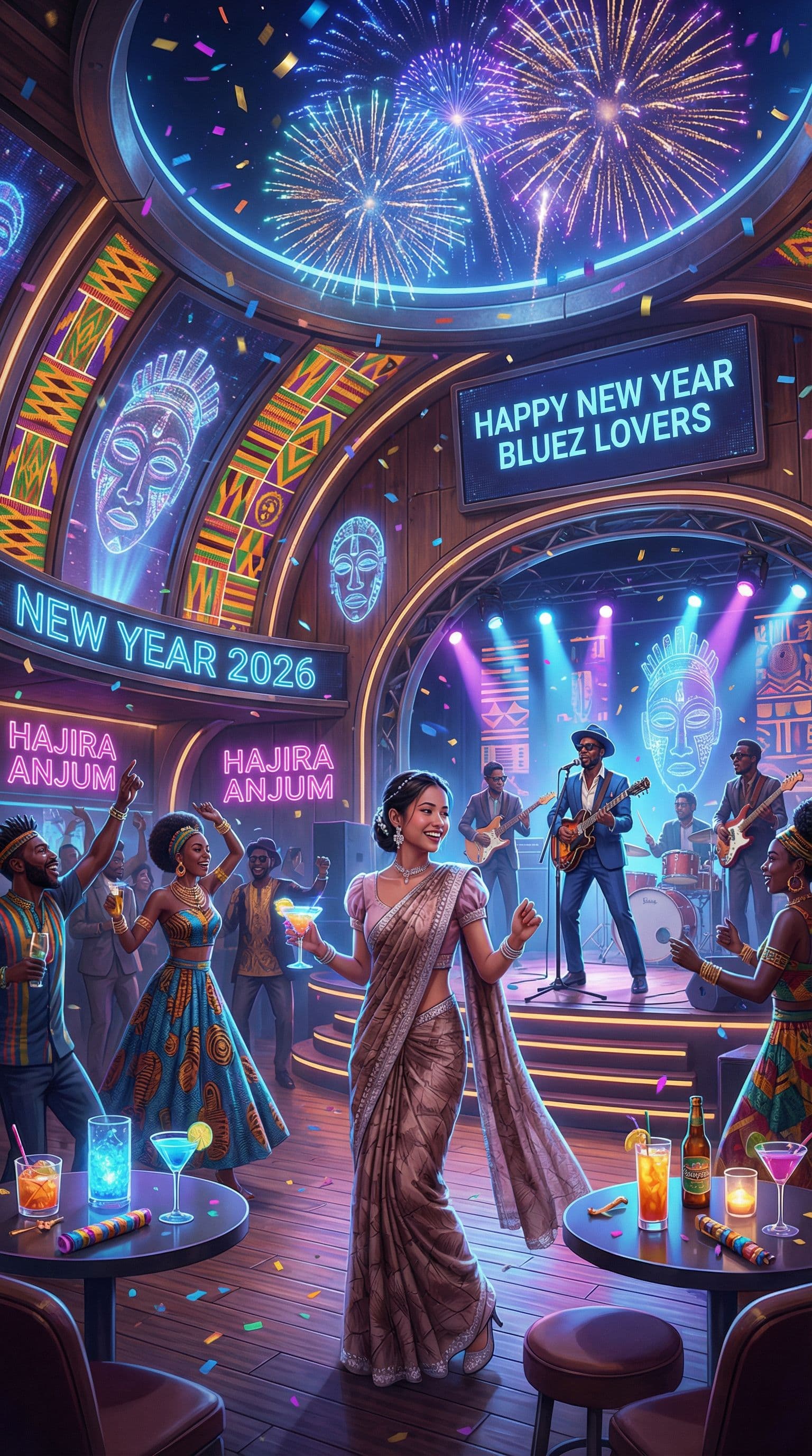 AI generated: A vibrant, high-resolution scene inside a futuristic afrocentric blues club, filled with joyful peop...