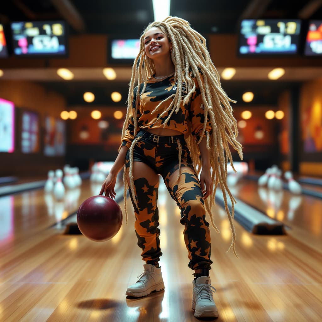 AI generated: girl, happy, beautiful medium blonde hair, dreadlocks, best girl hair, bowling, girl is standing, 10...
