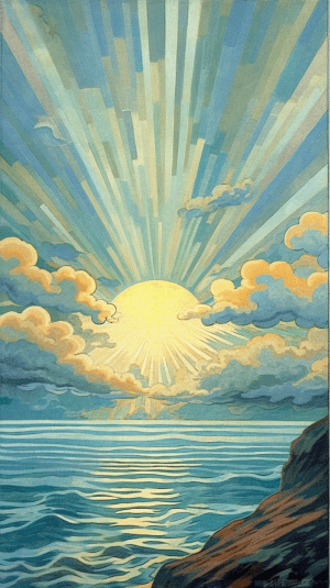 AI generated: 1700s seascape, pastel colors and flowing patterns, a serene blue background, designed by Dorothy La...