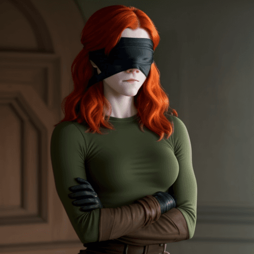 AI generated: Rose Leslie wearing a blindfold, dressed as Kim Possible