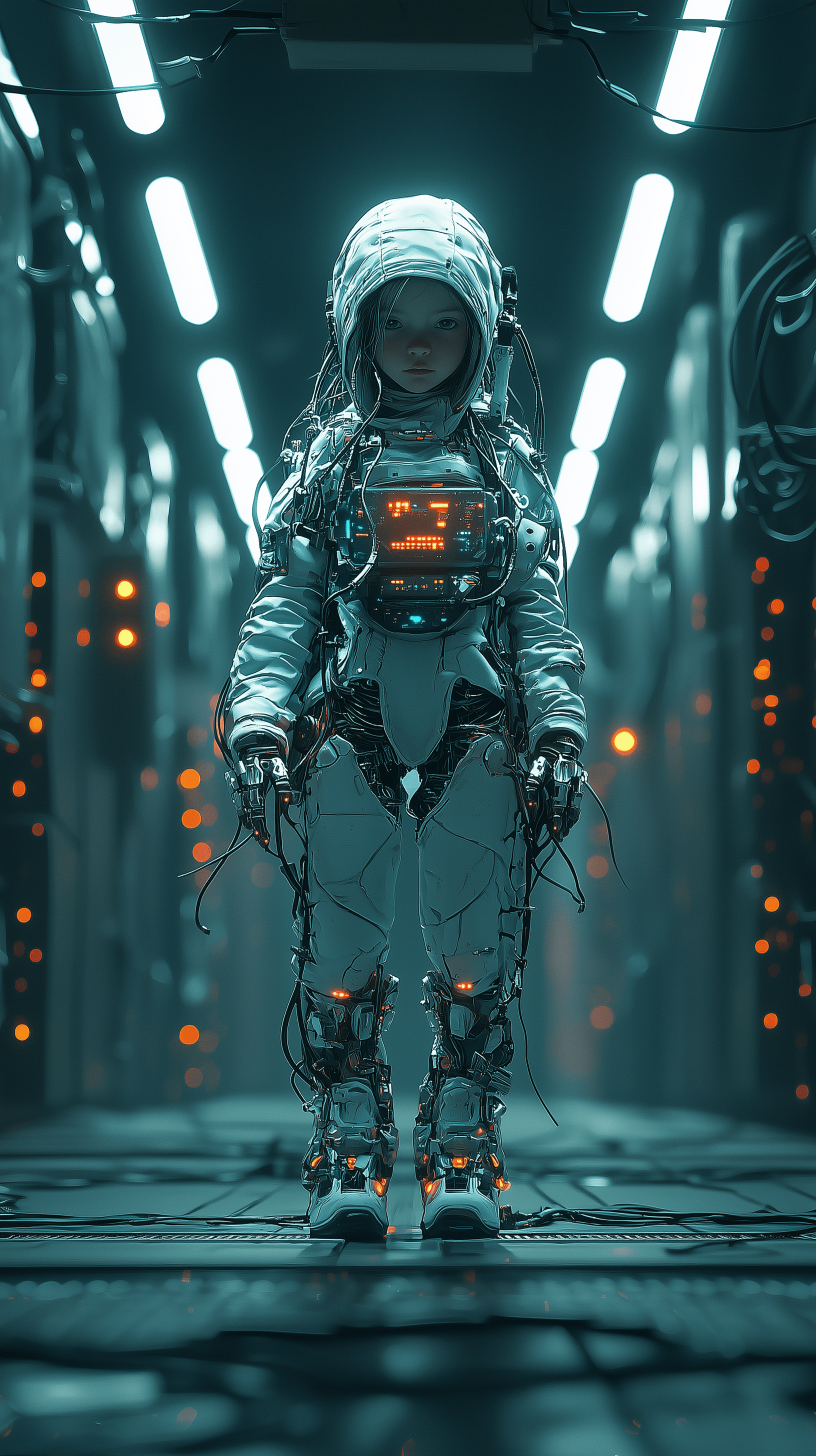 AI generated: futuristic illustration of a cybernetic little girl, standing in a dimly lit corridors, provocative ...