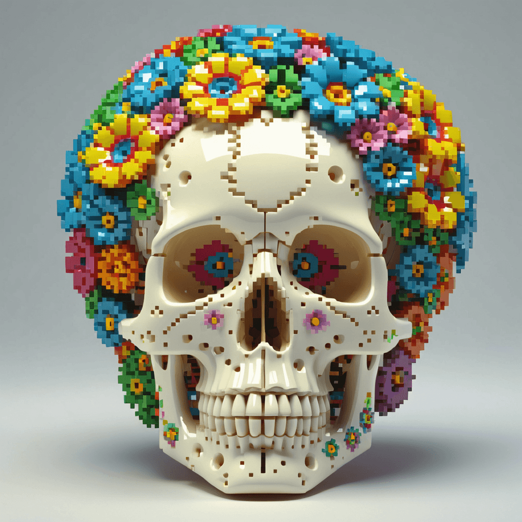 AI generated: Radiation glowing side profile of glossy white porcelain android skull with multicoloured flowers gr...