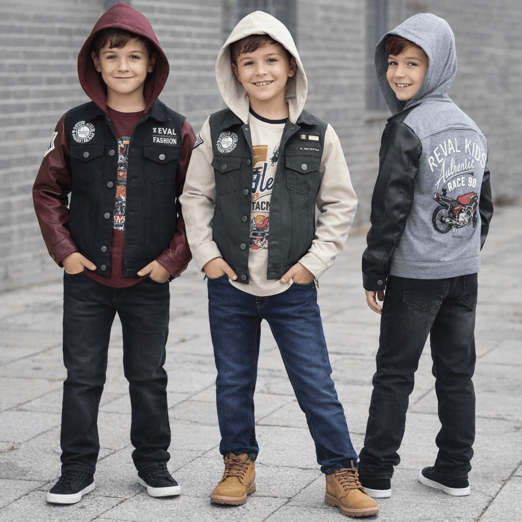 AI generated: Complete image of 3 boys of 10 years from head to foot .with different position having this clothes 