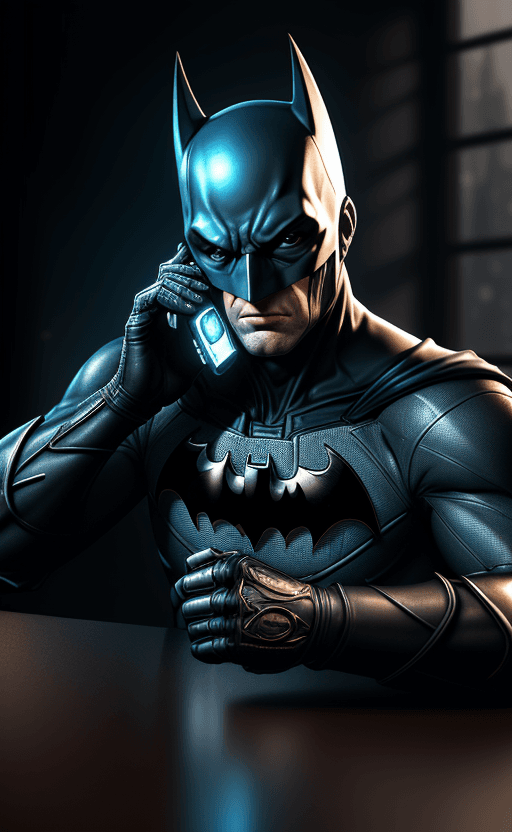 AI generated: handphone on the table with the design and character of batman The handphone is gold and blue dark, ...