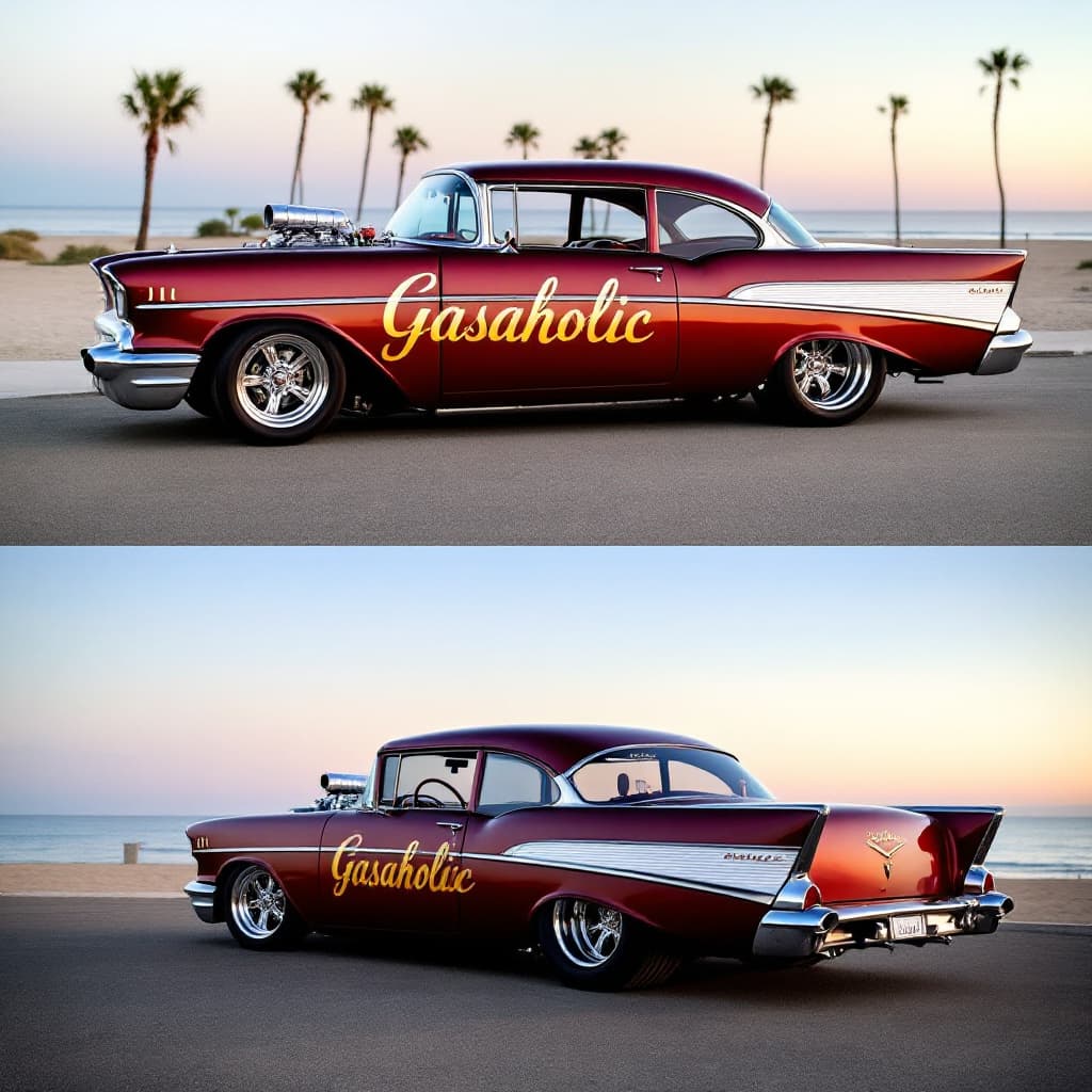 AI generated: 1957 Chevy deep metallic burgundy with Gold "Gasaholic" painted centered on the doors. It is a 60's ...