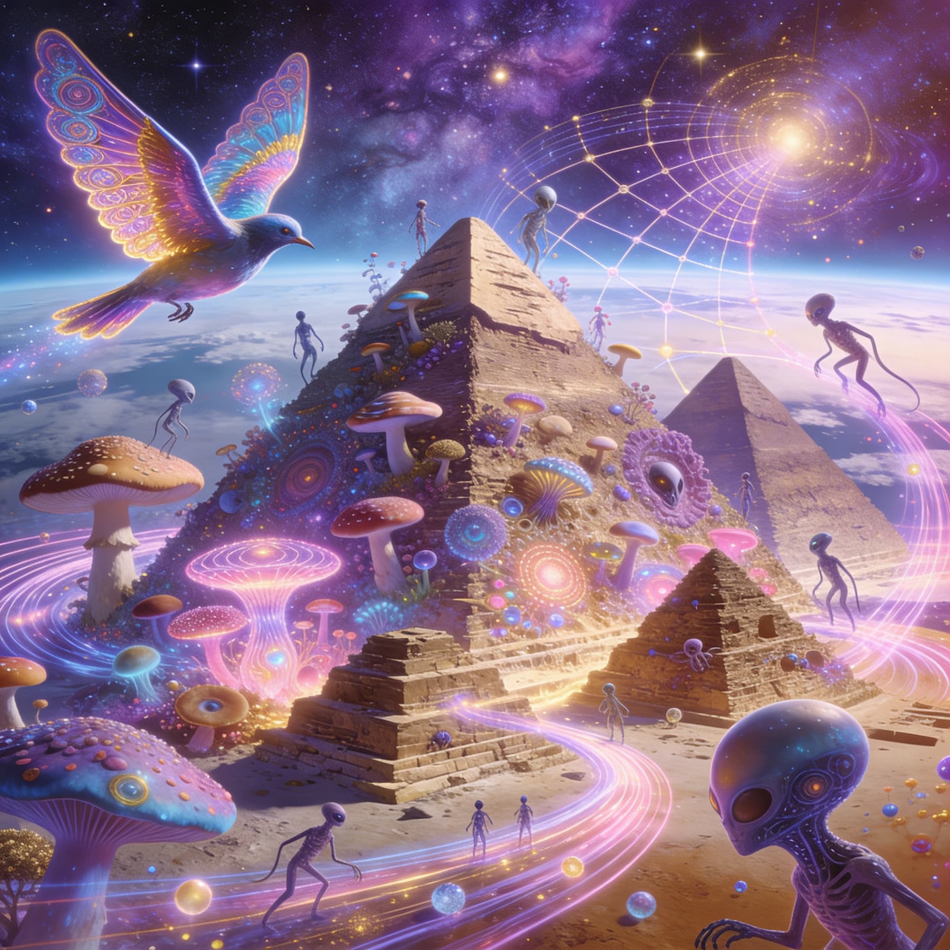 AI generated: a psychedelic, surreal fractal fantasy made from the energy of the universe. Evolving from pyramids ...