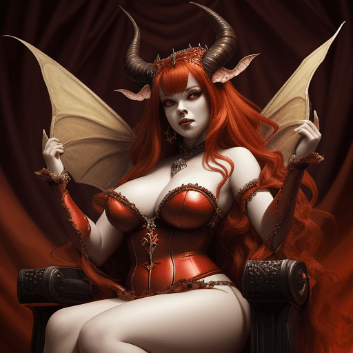 AI generated: portrait of a seductive demon queen, with horns and fluttering red hair, sitting on a throne sideway...