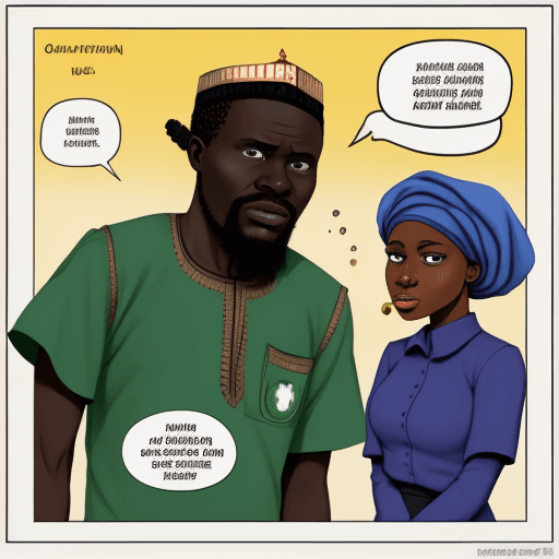 AI generated: nigeria, colonialization, education, 2 persons, speech bubbles, poor, satiric, battered, cartoon