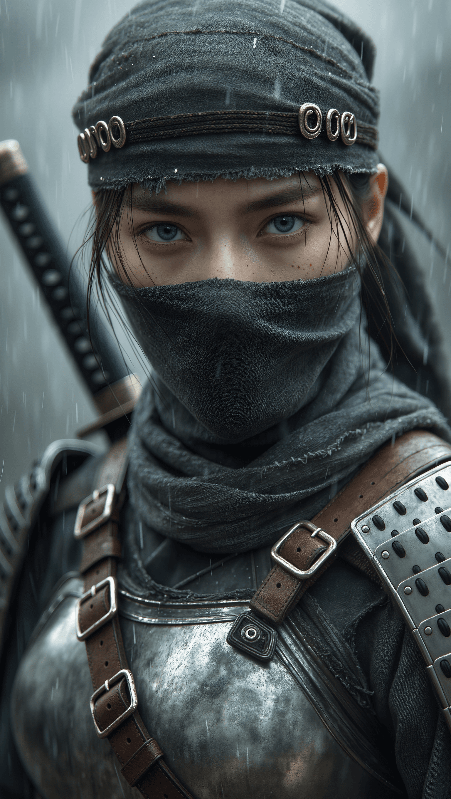 AI generated: Ultra-realistic portrait photography of a striking young female ninja warrior, close-up head-and-sho...