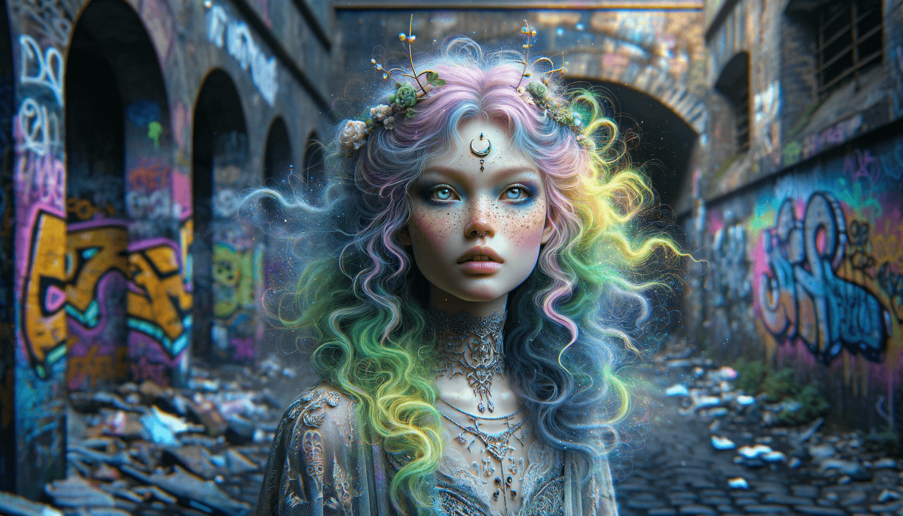 AI generated: mystical being amidst a dystopian setting, A grittily enchanting nymph, her delicate features a star...