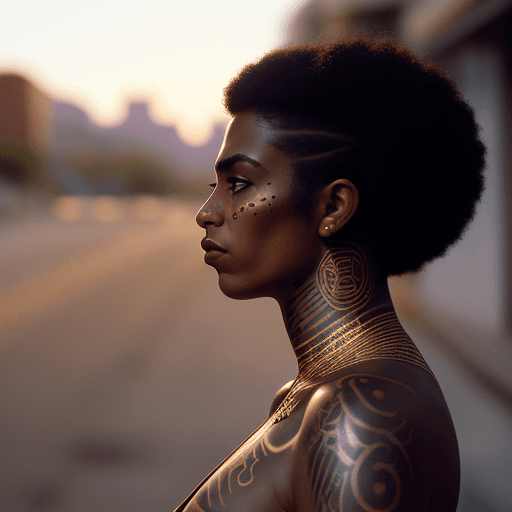 AI generated: hyper realistic photograph, portrait of a tattooed southamerican indigenous black woman, future punk...