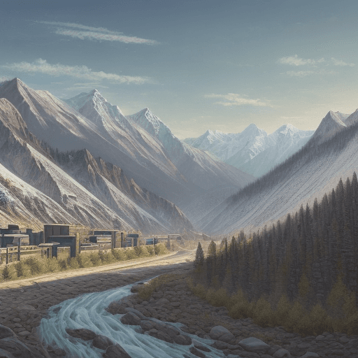 AI generated: one line sketch valley with low range mountain with trees, three mountain peaks, modern factory at t...
