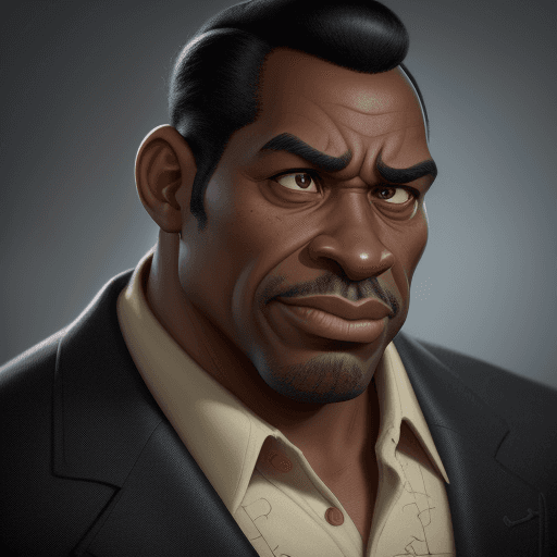 AI generated: expressive caricature in pixar style unreal charming seemingly mischievous irritated black man with ...