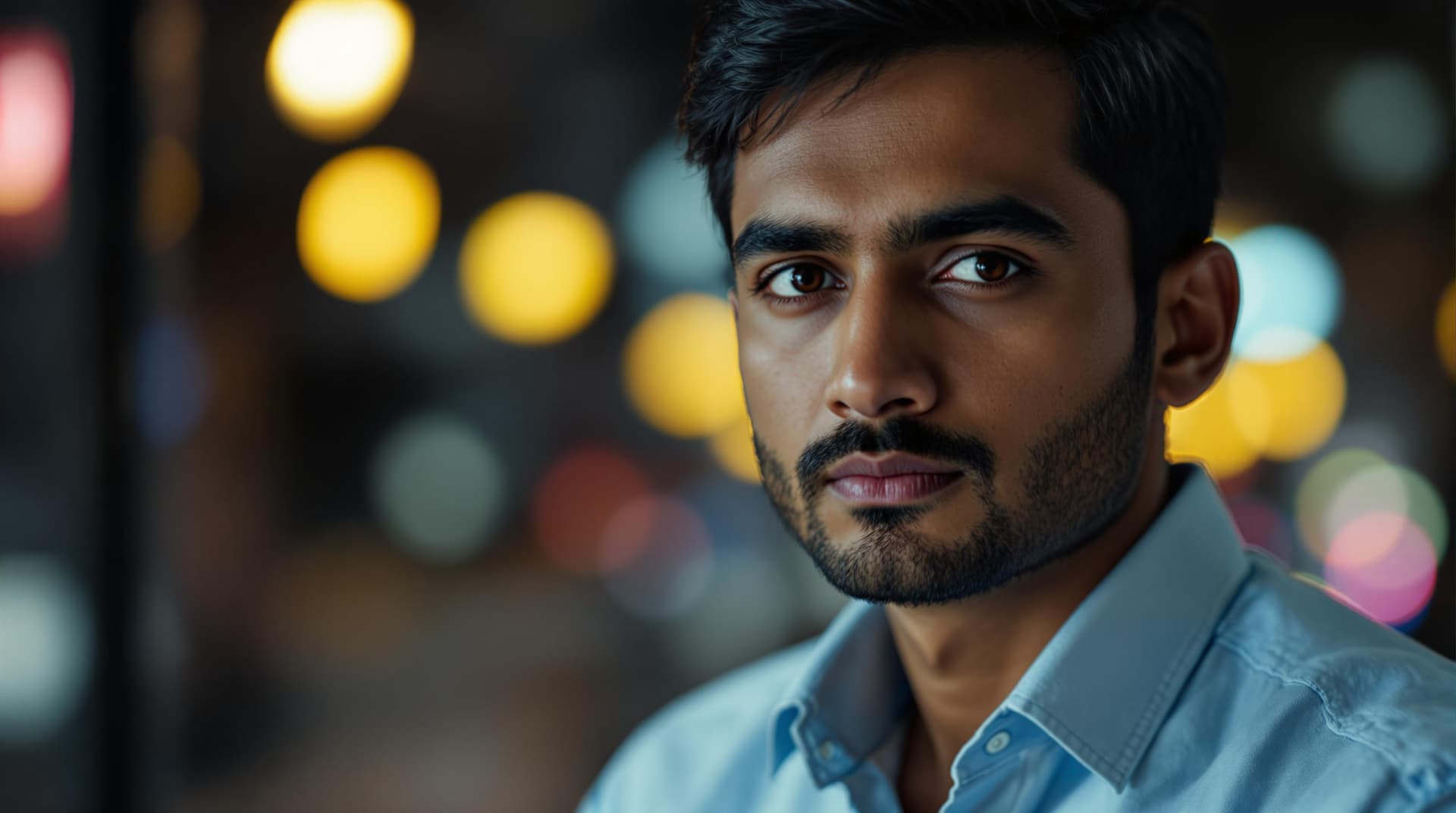AI generated: "A close-up shot of Rahul Sharma , a young Indian man in his late 20s with short black hair styled n...