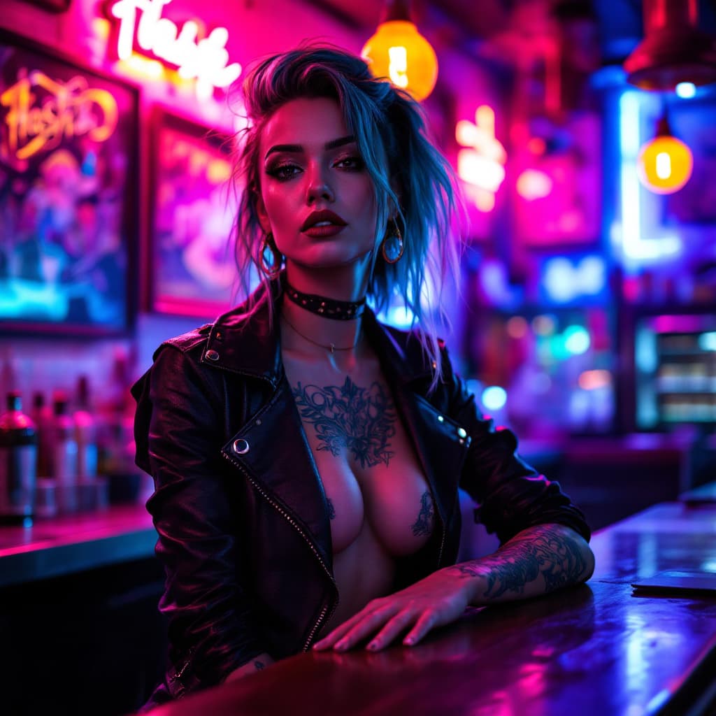 AI generated: a bold and edgy portrait of a young punk woman working in a vibrant, neon-lit bar. The woman exudes ...