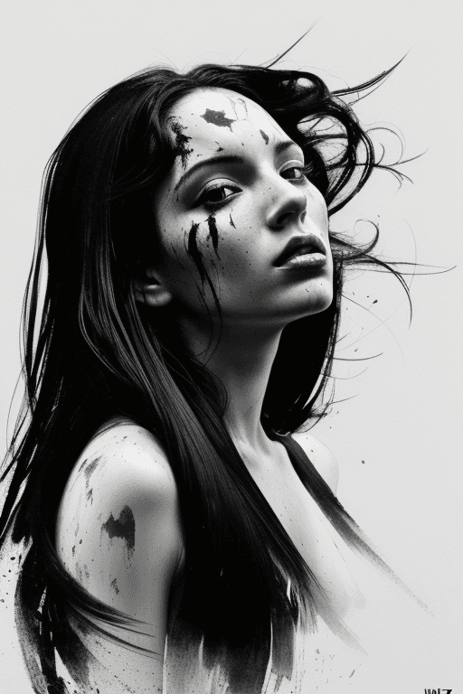 AI generated: art print of a woman with long black hair, in the style of messy, martin ansin, olivier valsecchi, b...