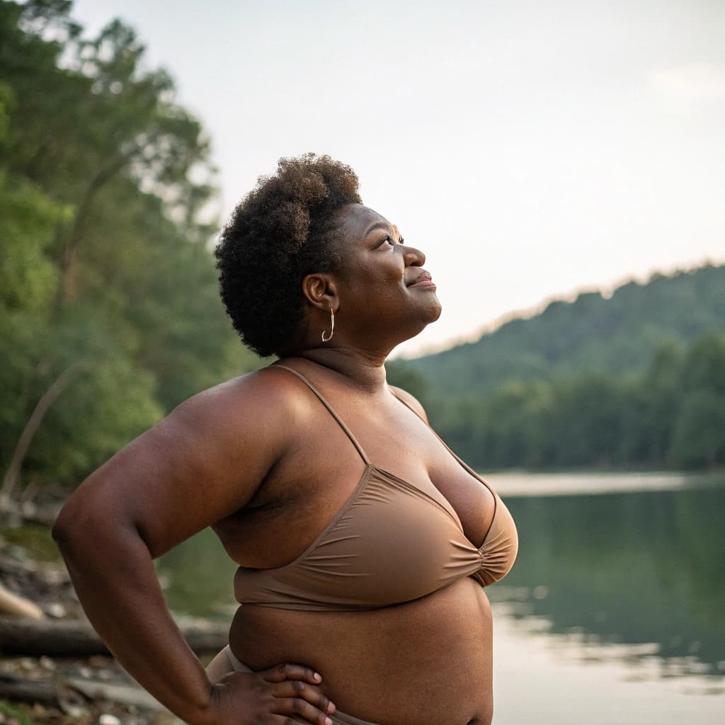 AI generated: Chubby ebony milf nudist facing forward 