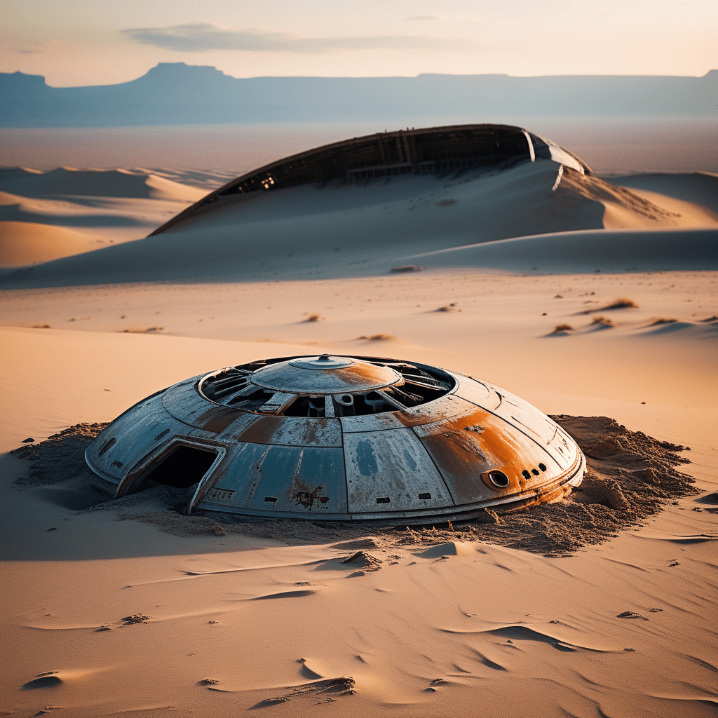 AI generated: In a desolate landscape, an abandoned spaceship rests half-buried in the sand. The rusted metal and ...