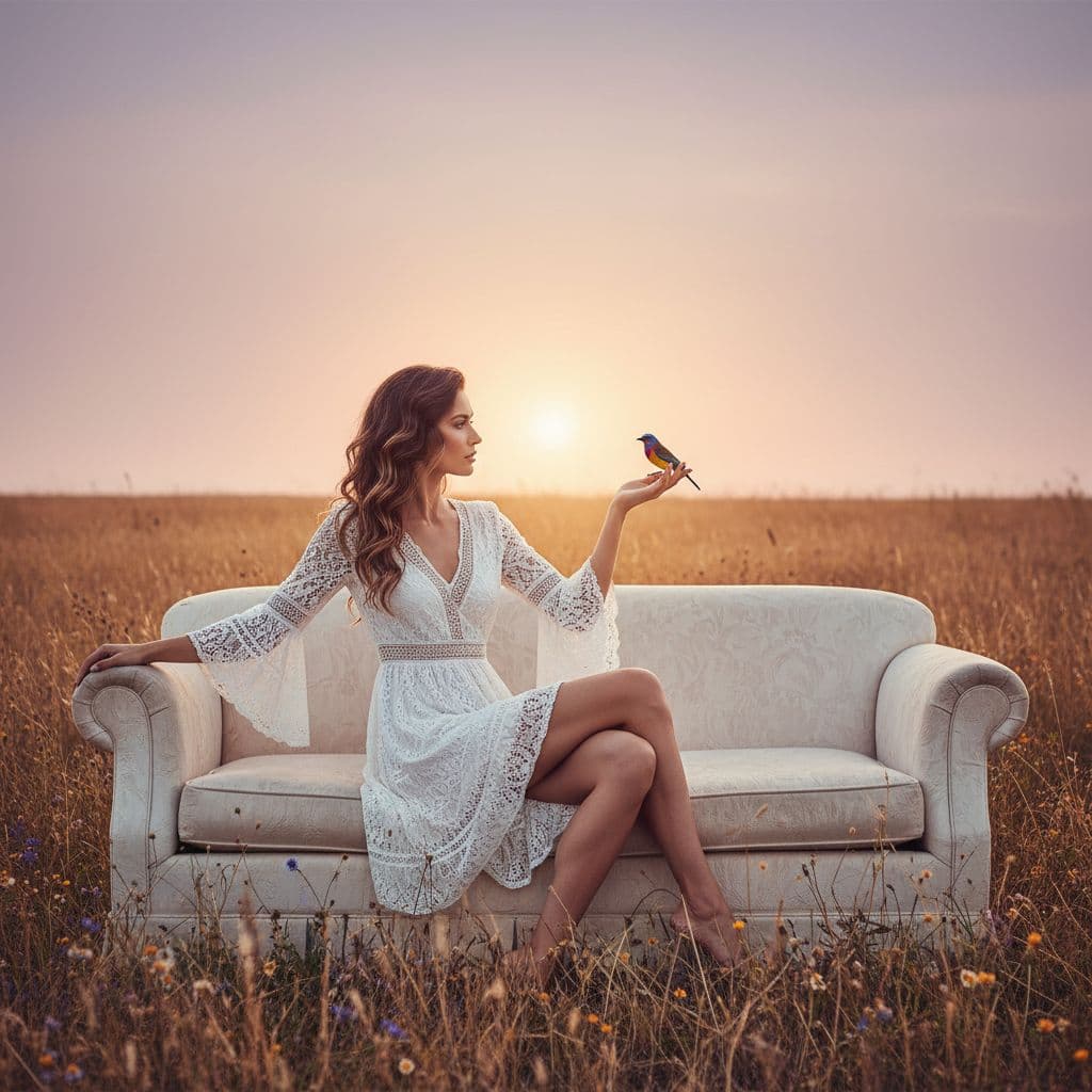 AI generated: a woman sitting on top of a couch in a field, skinny girl in white boho lanced short dress, l, allur...