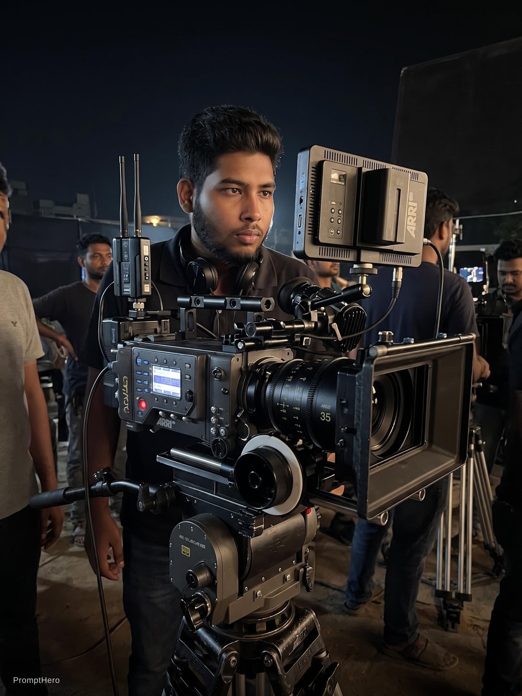 AI generated: A cinematic medium shot of a professional male cinematographer in a pitch-black studio, standing beh...