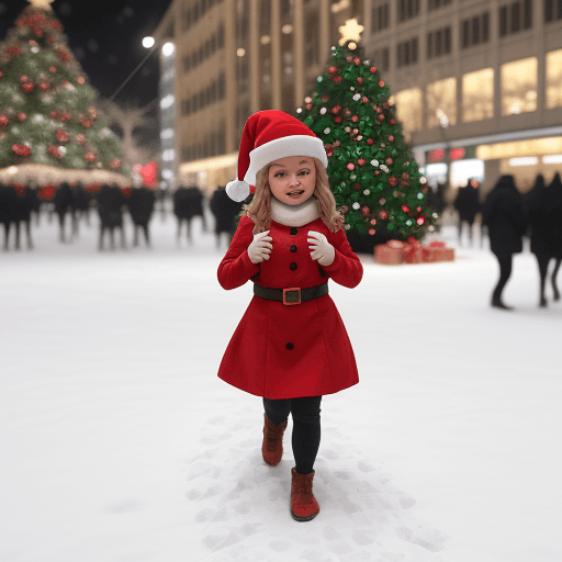 AI generated: This kinder boy walking in a Christmas snowy square, with a beautiful Christmas tree behind her
