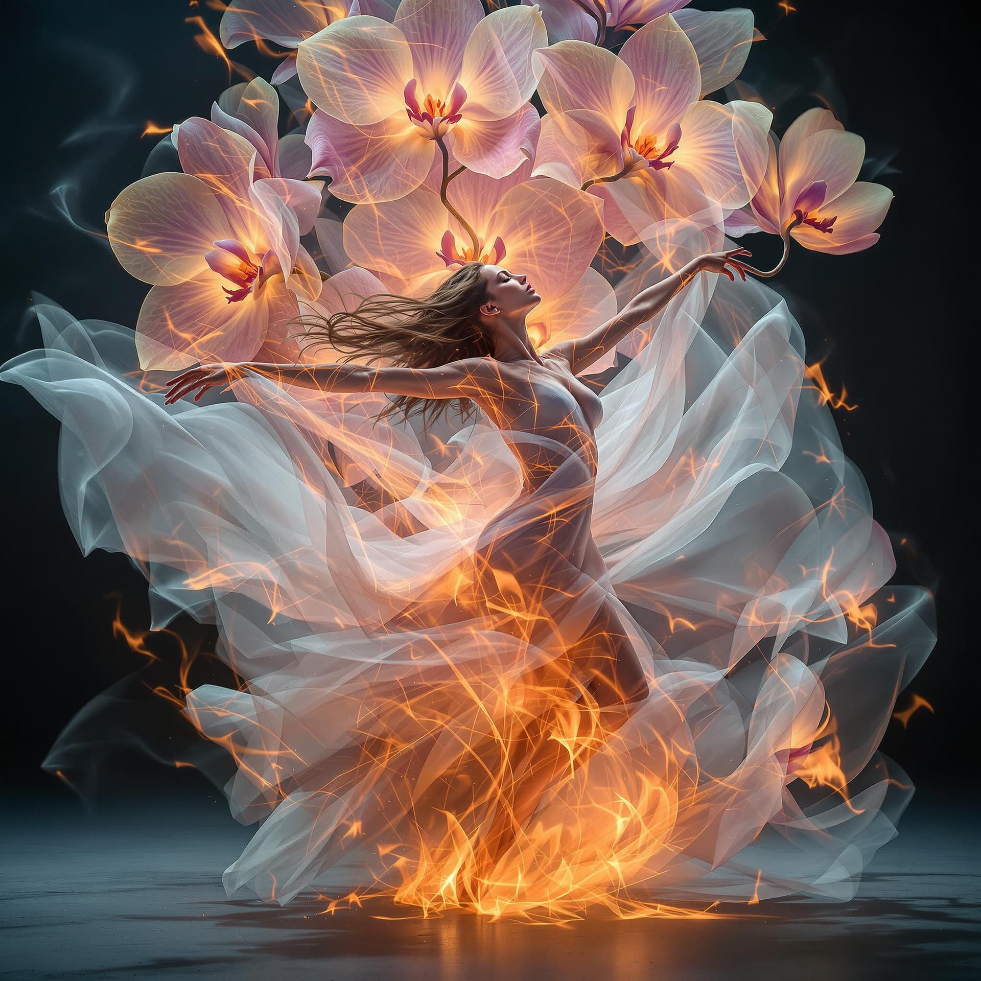 AI generated: triple exposure photograph of an ethereal dancer in flowing fabrics surrounded by large orchid petal...