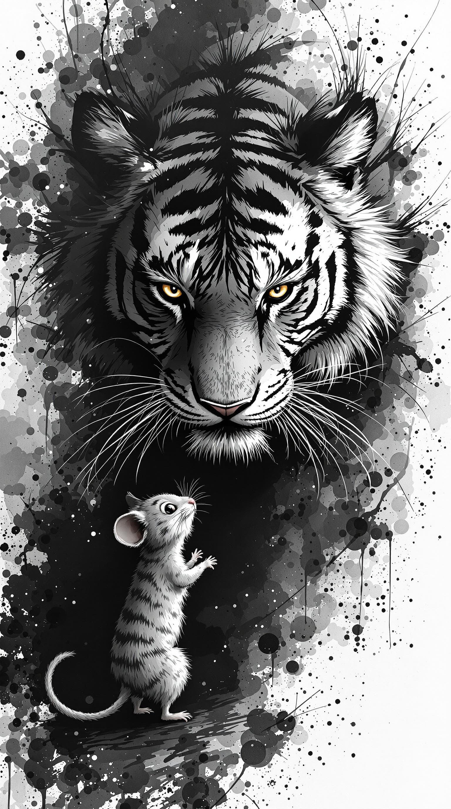 AI generated: a mouse standing around a tiger ,the tiger and the mouse are same sized,detailed,ink style,Ink splas...