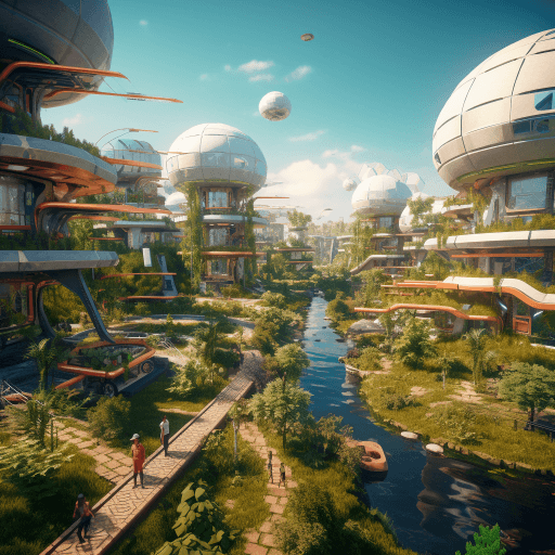 AI generated: a vibrant community of people in a beautiful futuristic solarpunk town | solar panels | wind turbine...