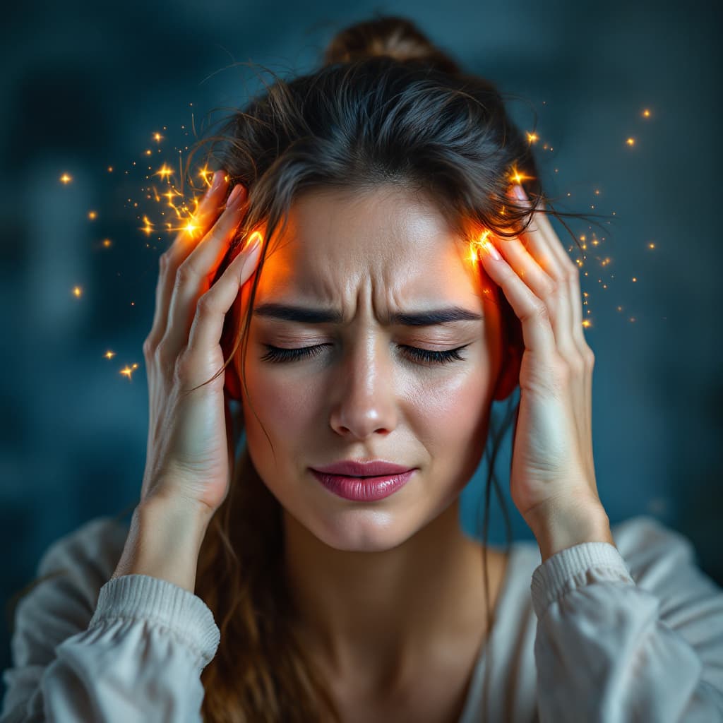 AI generated: "A highly detailed and emotional portrait of a woman experiencing a headache, pressing her fingers a...