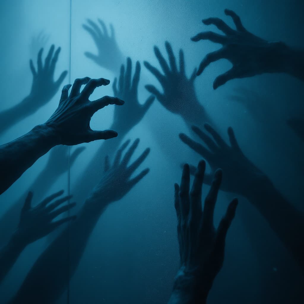 AI generated: Creepy art of many hands being pressed up against a foggy glass. Horror. Horror-core. Misty. Blue ti...