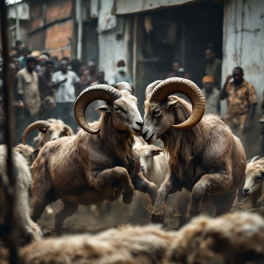 AI generated: A striking, high-resolution image capturing two rams locked in an intense battle, their powerful hor...
