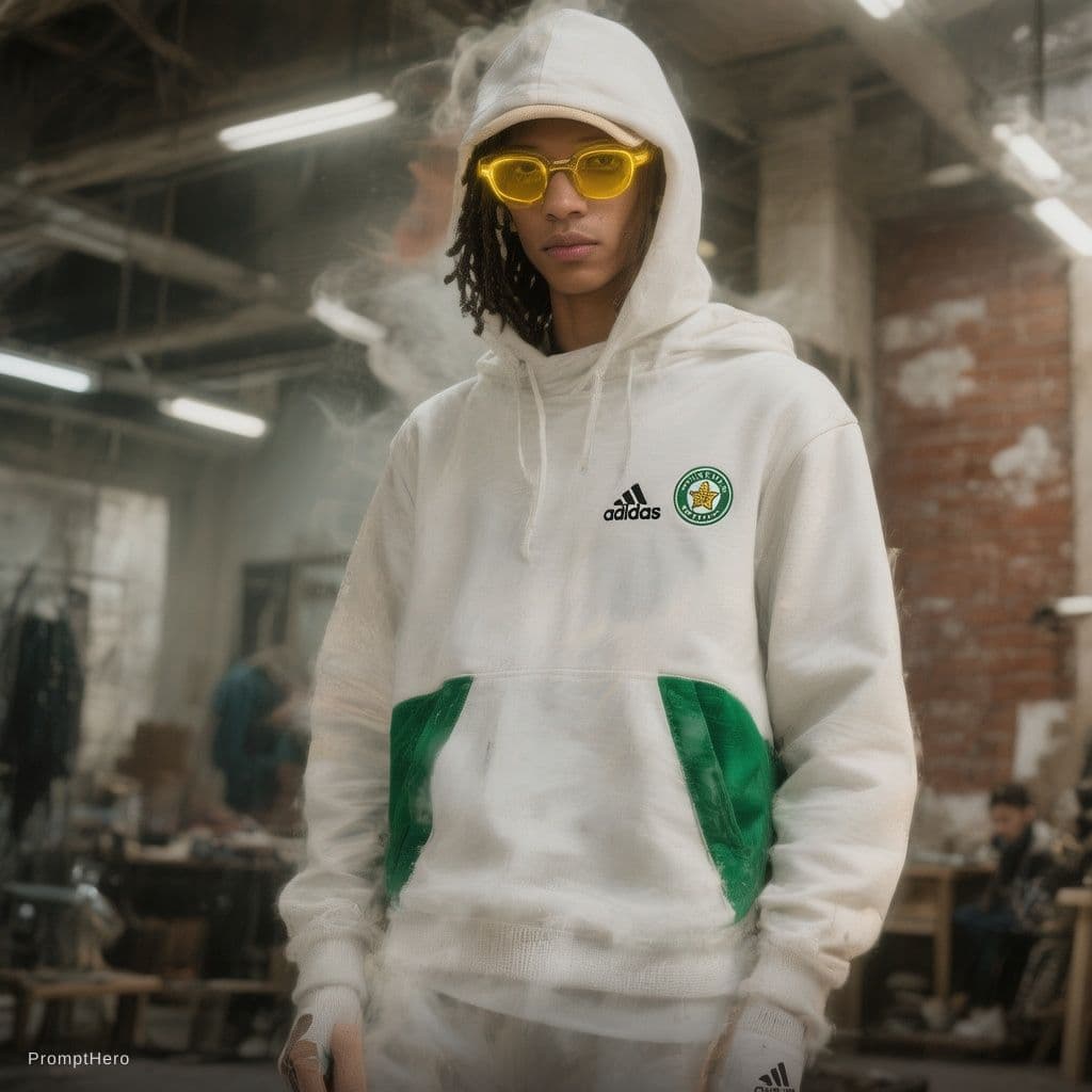AI generated: photograph, productive, Adidas , white and Green ange, yellow, reflection