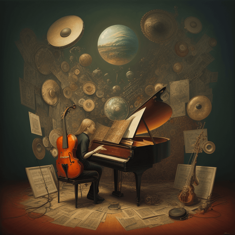 AI generated: music Album cover picture, surreal art, oil picture, music instruments, 