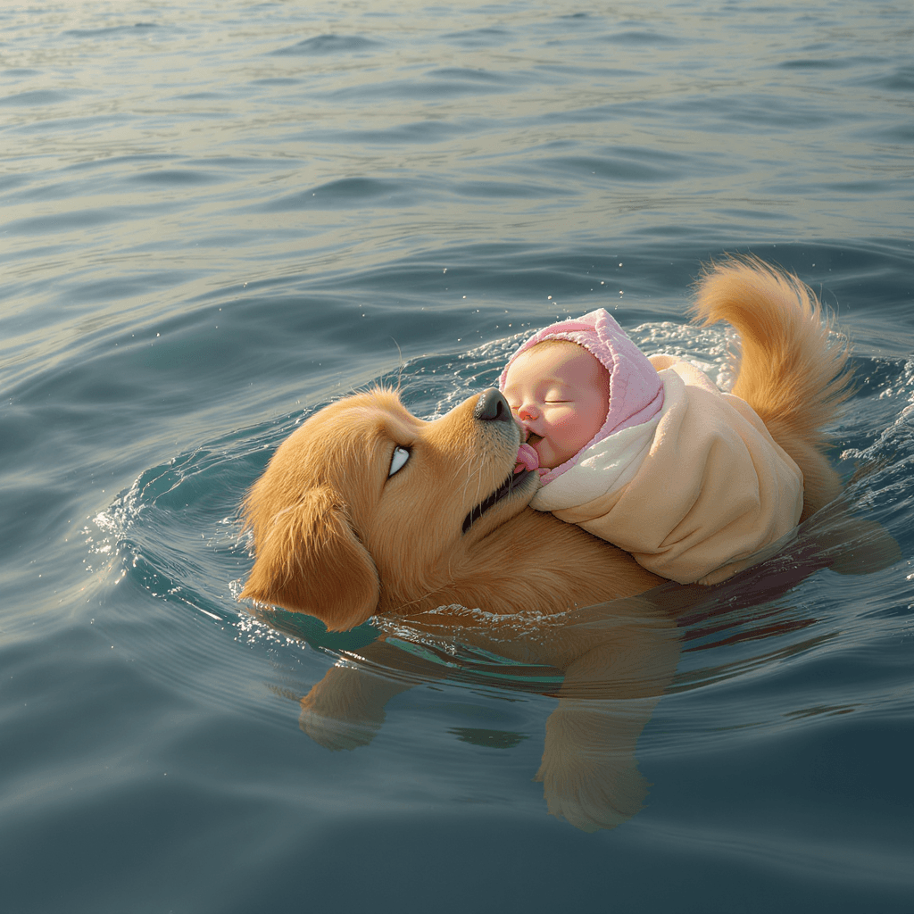 AI generated: golden retriever floating in the ocean with a baby on its back, dog gently licking baby’s face, baby...