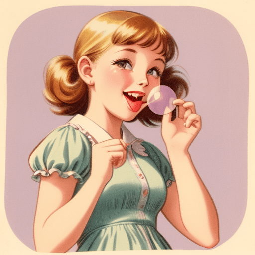 AI generated: Vintage illustration of a happy girl chewing a bubble gum --ar 97:128 --v 5.2