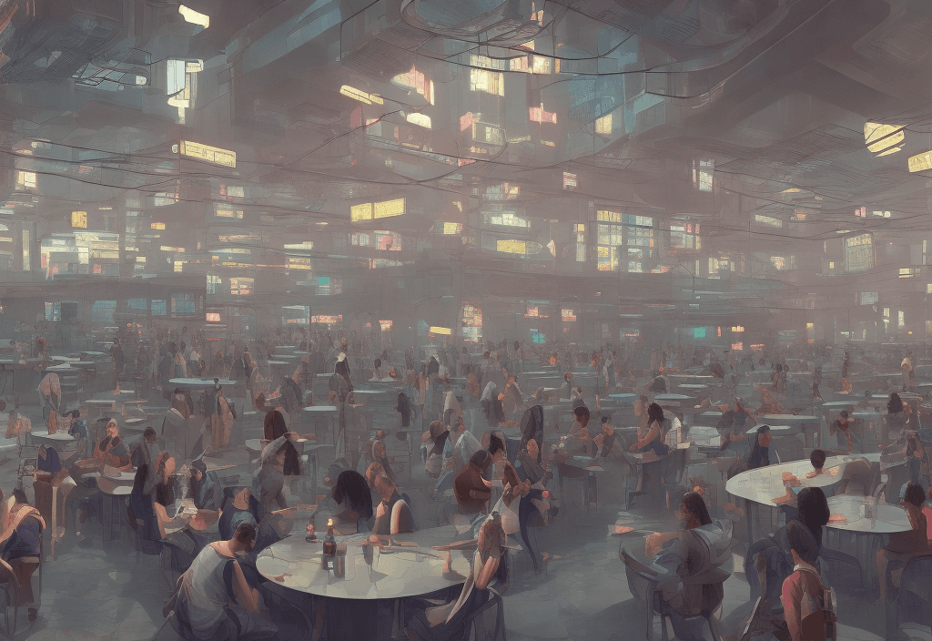 AI generated: Cyberpunk university cafeteria with a few people during day