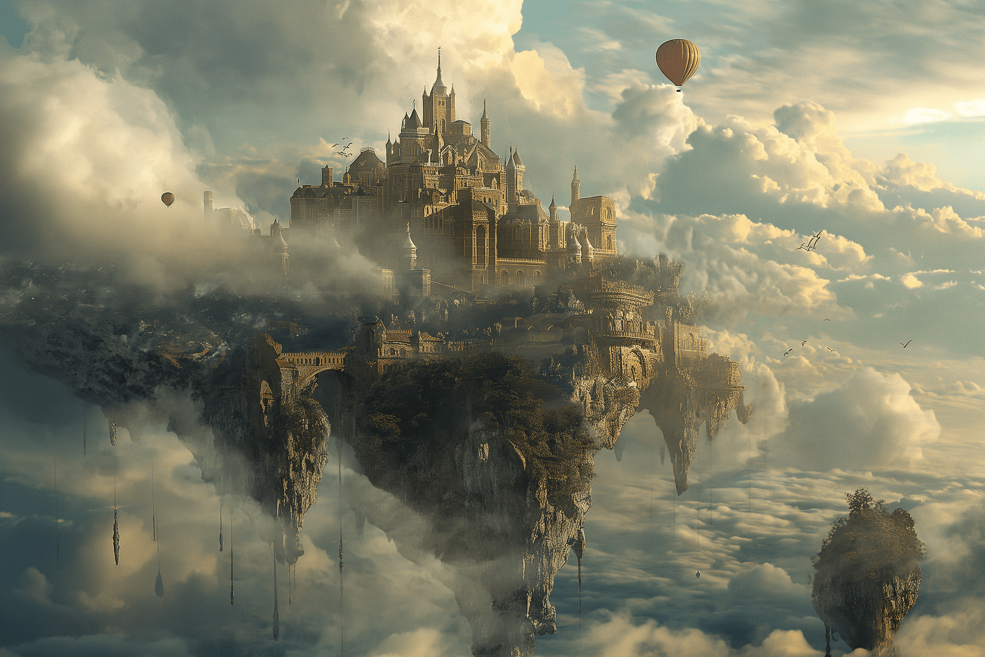 AI generated:  A fantasy city floating in the sky, surrounded by clouds and mist. The buildings have intricate des...