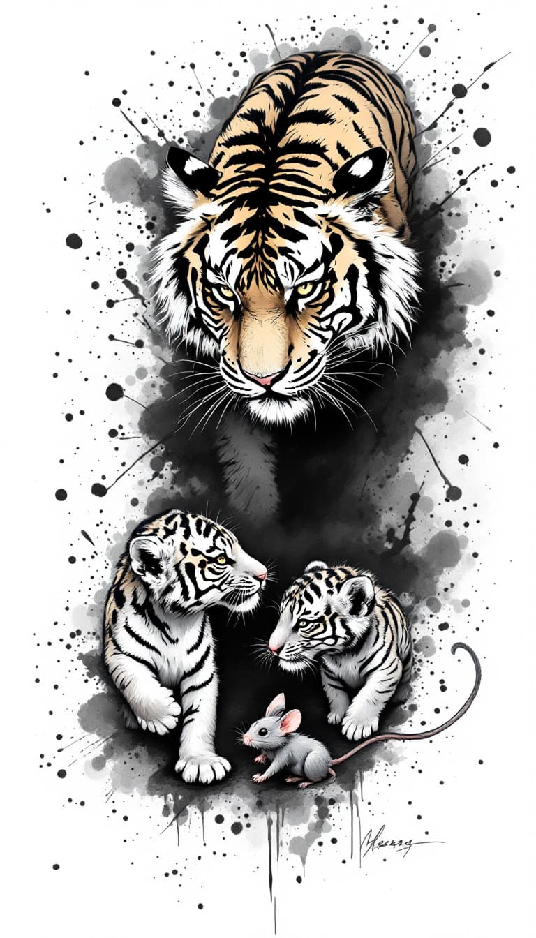 AI generated: a tiger and two tiger cubs, and a oversized mouse,ferocious, detailed,full-body shots,ink style,Ink ...