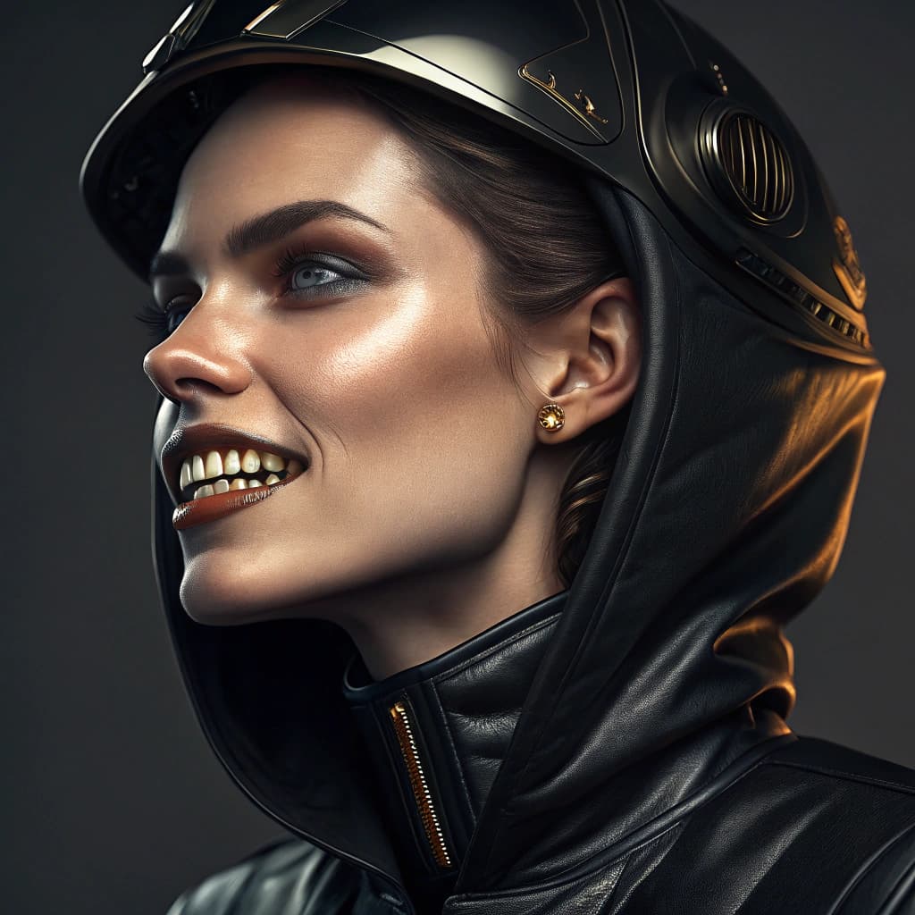AI generated: a woman with a large jaw and gold teeth, in the style of futuristic minimalism, restrained forms, da...